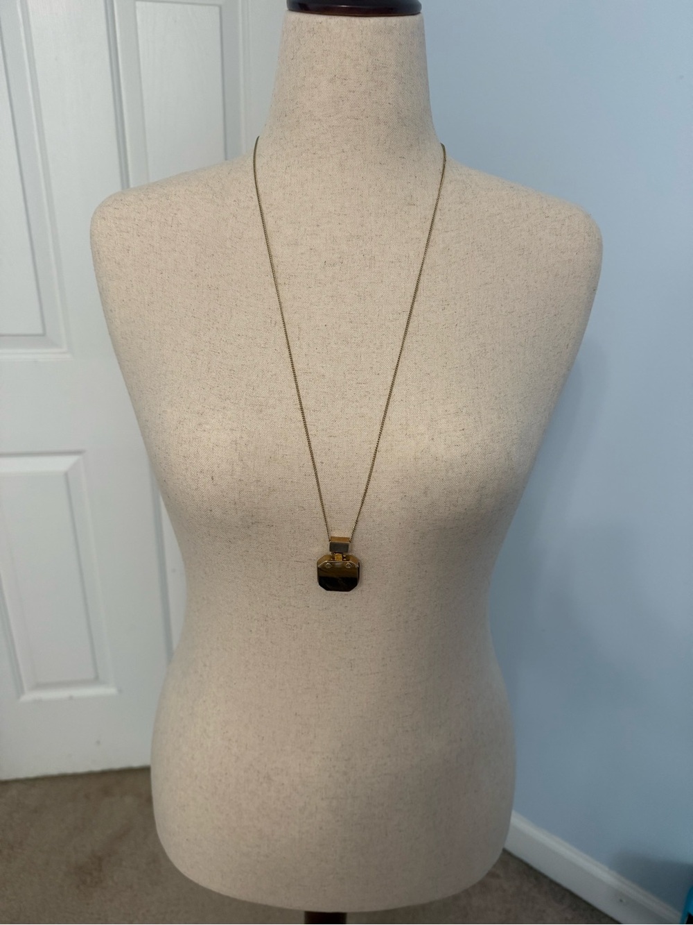 Gold-Tone Long Pendant Necklace with Black Stone